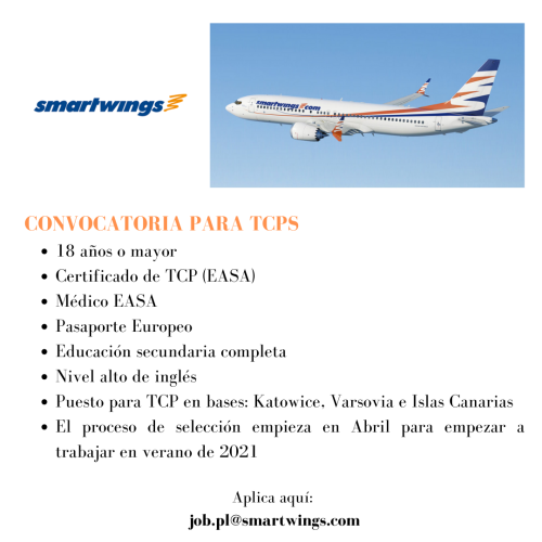 La compañía aérea Smartwings está actualmente contratando TCPS para sus bases en Islas Canarias, Katowice y Varsovia